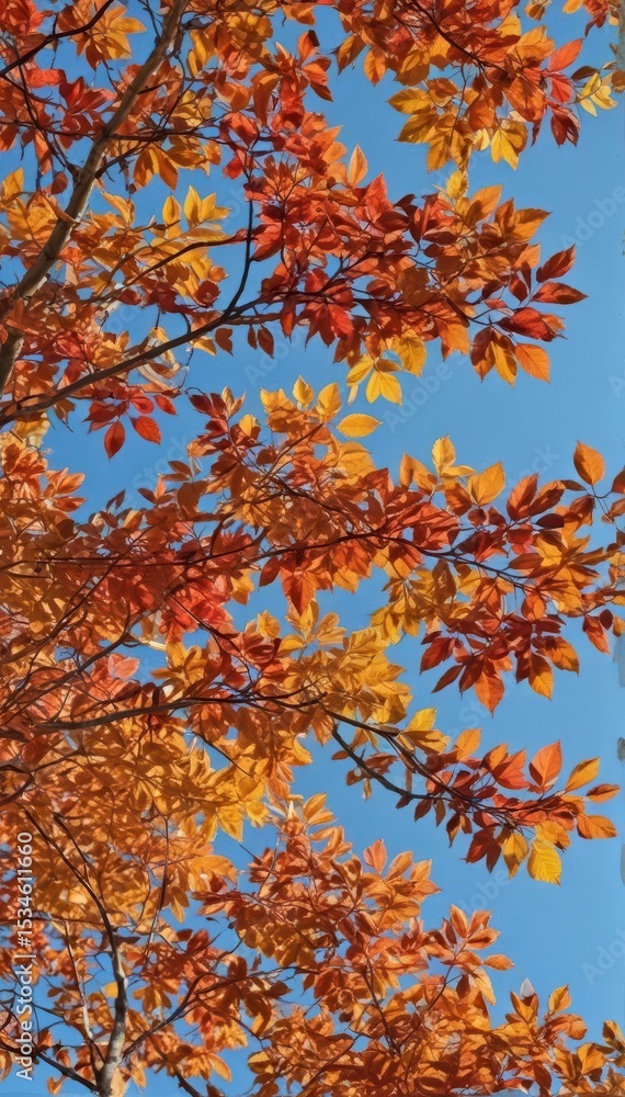 Crimson, gold, and russet leaves clinging to branches against a clear blue sky , leaf, image, photography Crimson, gold, and russet leaves clinging to branches against a clear blue sky , leaf, image, photography