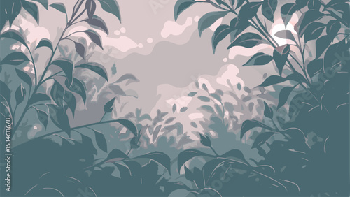 Illustration of lush foliage with leaves and branches framing a soft cloudy sky landscape view