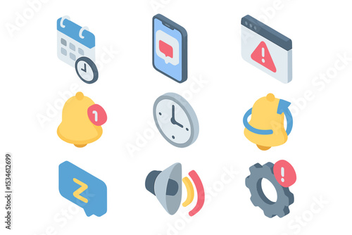 Isometric digital notifications and alerts with calendar and clock icons