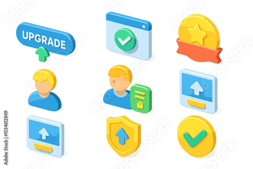 Colorful upgrade and security icons with user avatars in 3d style