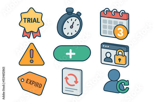 Digital subscription icons with timer, calendar, and security badge