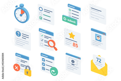 Vibrant digital interface icons representing data and communication elements