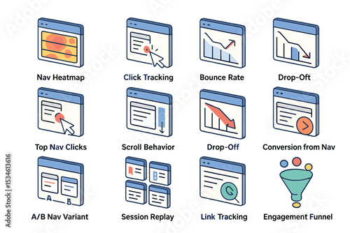 Website analytics icons displaying key metrics and user engagement tools