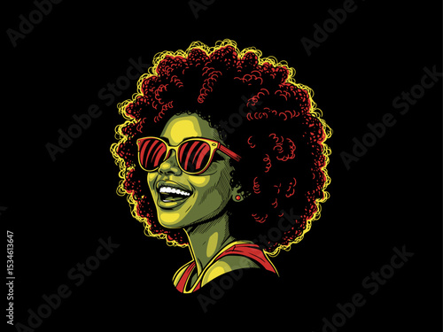 afro hair girl silhouette, afro girl face silhouette, black girl woman wearing sunglasses, girl smiling, juneteenth vector