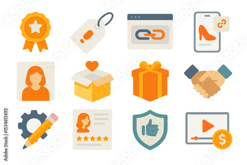 E-commerce icons: shopping, rewards, profiles, ratings, and security