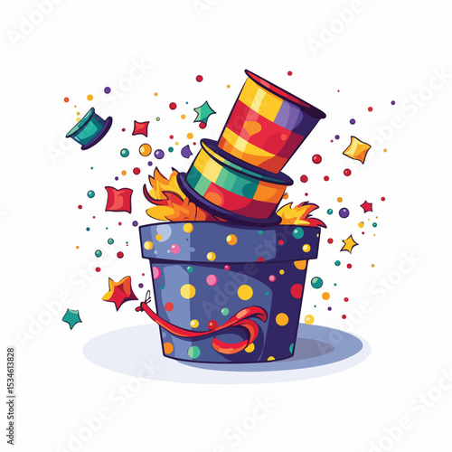 Colorful Joker Hat in Surprise Box with Confetti for April Fools Day Celebrations