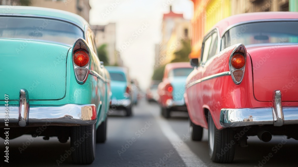 Fototapeta premium Vintage turquoise and red cars parked closely on a city street with blurred buildings in the background at sunset.