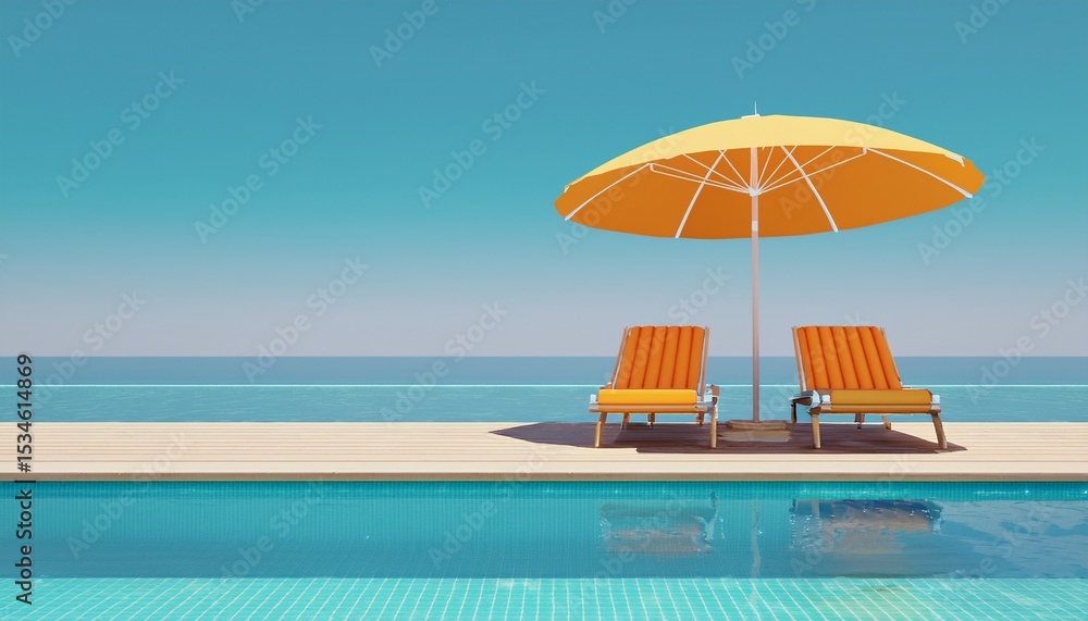 Obraz premium swimming pool with beach chair and umbrella summer vacation concept 3d rendering