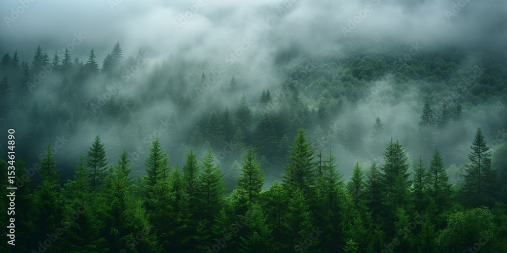 Fototapeta premium Soft cinematic fog. Lush green pine forest blanketed by rolling mist. Ideal for nature documentaries, cinematic backdrops, or environmental themes.