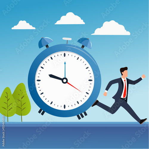Time run out, deadline or hurry to go to the office late, urgency or determination to finish work fast, stressed or anxiety to complete work concept, hurry businessman run fast on time run out cloc