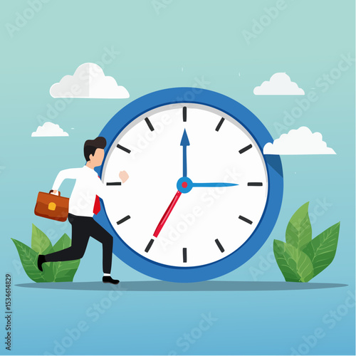 Time run out, deadline or hurry to go to the office late, urgency or determination to finish work fast, stressed or anxiety to complete work concept, hurry businessman run fast on time run out cloc