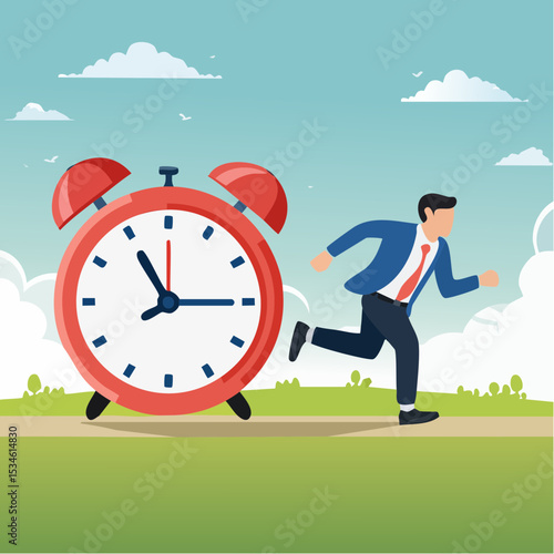 Time run out, deadline or hurry to go to the office late, urgency or determination to finish work fast, stressed or anxiety to complete work concept, hurry businessman run fast on time run out cloc