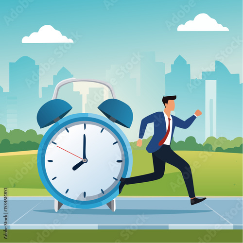Time run out, deadline or hurry to go to the office late, urgency or determination to finish work fast, stressed or anxiety to complete work concept, hurry businessman run fast on time run out cloc