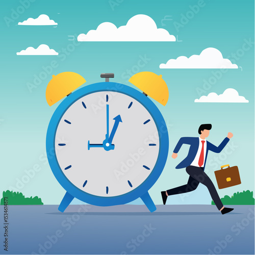 Time run out, deadline or hurry to go to the office late, urgency or determination to finish work fast, stressed or anxiety to complete work concept, hurry businessman run fast on time run out cloc