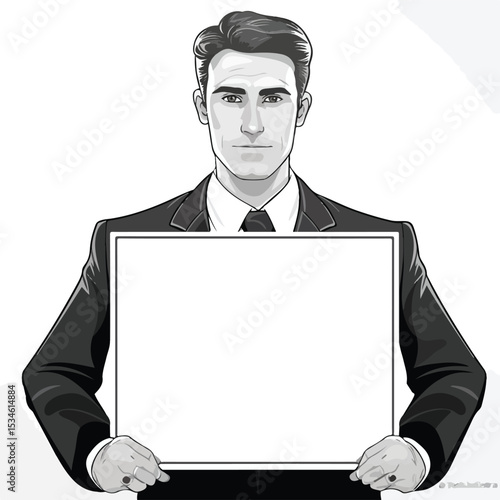 Professional Politician Holding Blank Black and White Poster for Messages