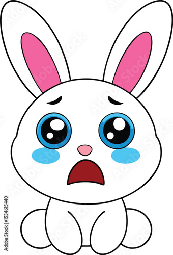 Bunny with big glossy eyes brimming with tears which are starting to spill over and stream down