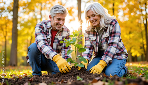 Elderly couple planting a young tree in autumn garden  