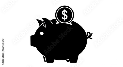A simple black silhouette of a piggy bank with a dollar coin on top, symbolizing saving money and financial planning for future security and wealth.