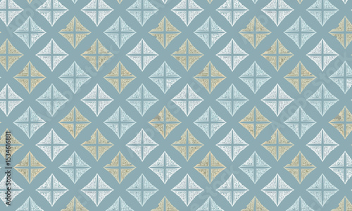 Textured Geometric Tile Pattern on Linen Background. Seamless rustic vector design in blue and beige