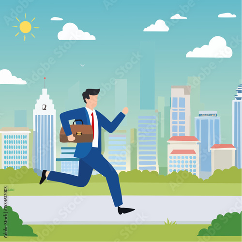 Late, hurry to go to work, rushing or running fast before deadline, speed or busy job, pressure or challenge to finish work in time, urgency concept, frustrated businessman hurry running to work lat
