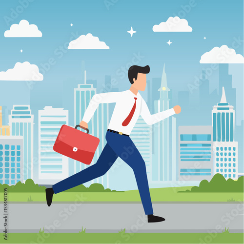 Late, hurry to go to work, rushing or running fast before deadline, speed or busy job, pressure or challenge to finish work in time, urgency concept, frustrated businessman hurry running to work lat