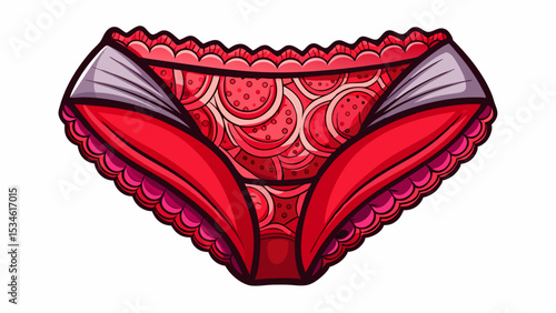 Trendy hipster panty in bold red with stretch lace sides lays gently on a white surface. Rich color and form make it ideal for stylish fashion vector compositions.

