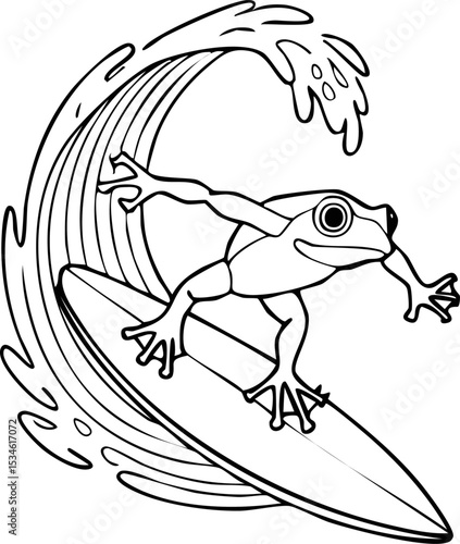 A cartoon frog surfing on a wave, embodying the thrill of riding waves