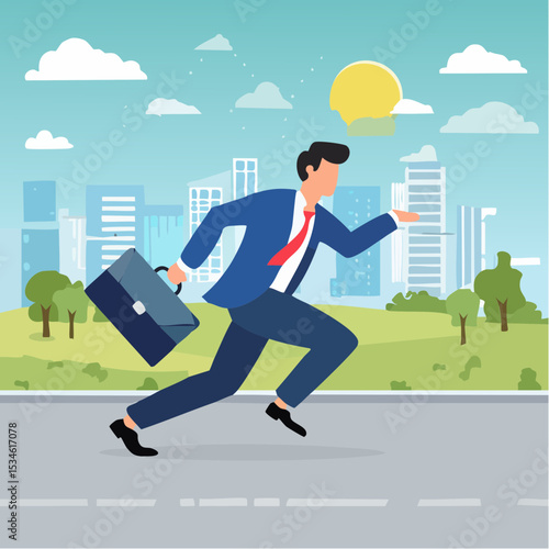 Late, hurry to go to work, rushing or running fast before deadline, speed or busy job, pressure or challenge to finish work in time, urgency concept, frustrated businessman hurry running to work lat