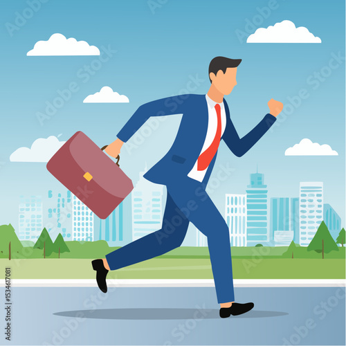 Late, hurry to go to work, rushing or running fast before deadline, speed or busy job, pressure or challenge to finish work in time, urgency concept, frustrated businessman hurry running to work lat