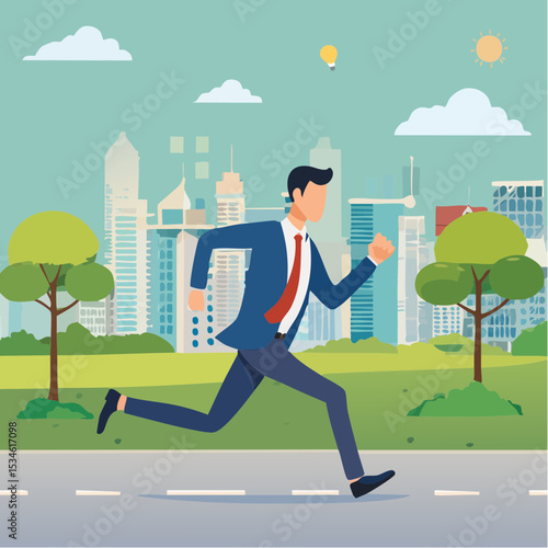 Late, hurry to go to work, rushing or running fast before deadline, speed or busy job, pressure or challenge to finish work in time, urgency concept, frustrated businessman hurry running to work lat