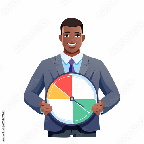 Time management, efficiency, productivity to finish work, delegation, finish tasks, prioritize responsibility, manage schedule, planning concept, businessman holding time clock with pie chart routin