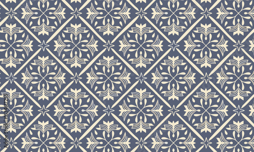 Ornate Floral Damask Pattern in Slate Blue. Seamless vintage vector background for elegant interiors
