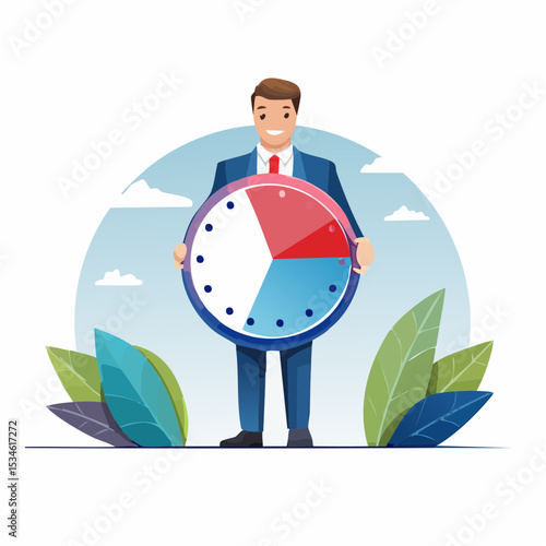 Time management, efficiency, productivity to finish work, delegation, finish tasks, prioritize responsibility, manage schedule, planning concept, businessman holding time clock with pie chart routin