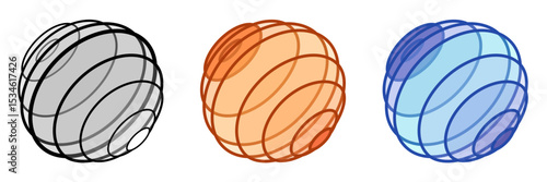 set of abstract minimalist logo with striped spheres 3D in diagonal position, colorful and black and white vector spiral swirls glass ball with optical illusion effect