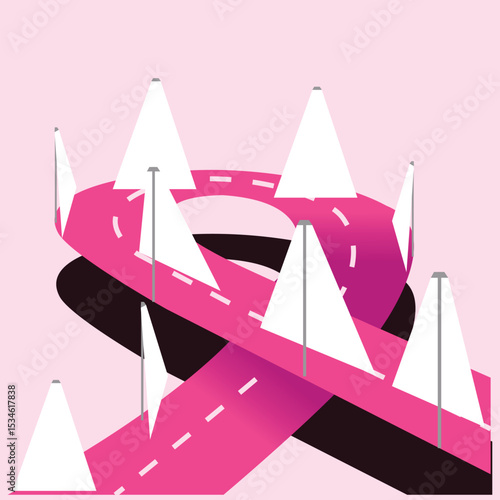 A unique road design shaped like the breast cancer awareness ribbon, symbolizing the journey, strength, and unity in the fight against breast cancer.
