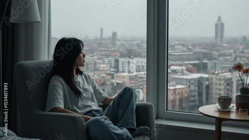 Asian young woman sitting by window and looking during winter snowing in city	
