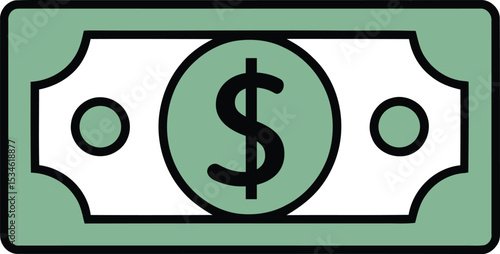 Green Dollar Bill Icon Symbolizing Cash, Finance, and Transactions Clearly.