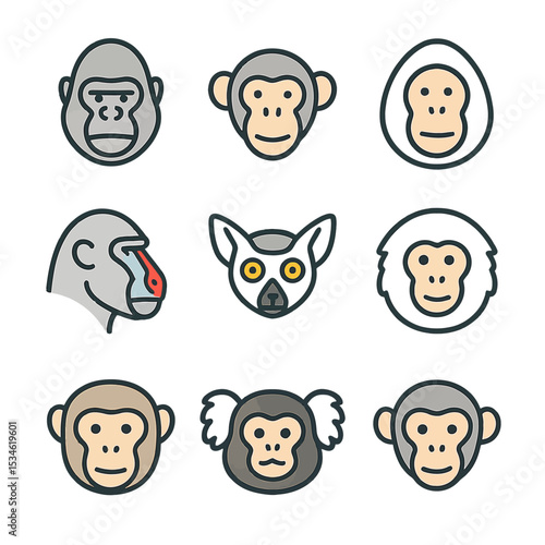 Primate Head Icons Set | Monkey and Ape Avatars