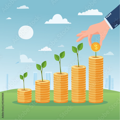 Investment growth, investing for financial independent or financial freedom, mutual fund or growth stock, saving or earning profit concept, businessman hand put money coin on growing money seedlin