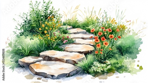 Serene Garden Pathway Watercolor Illustration for Backyard Landscaping Inspiration