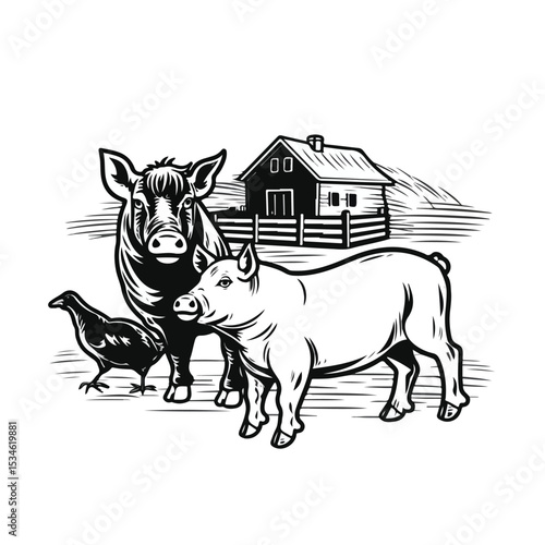 Professional Illustration of Farmer with Horse and Rooster in Farm Setting