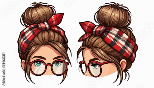 Half face of girls with messy hair bun tied up with a plaid bandana 