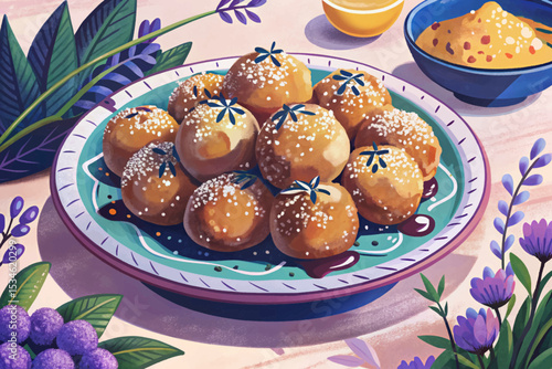 Greek loukoumades drizzled with honey and sprinkled with sesame seeds. Golden, fluffy, deep-fried dough balls served warm as a sweet Mediterranean dessert treat