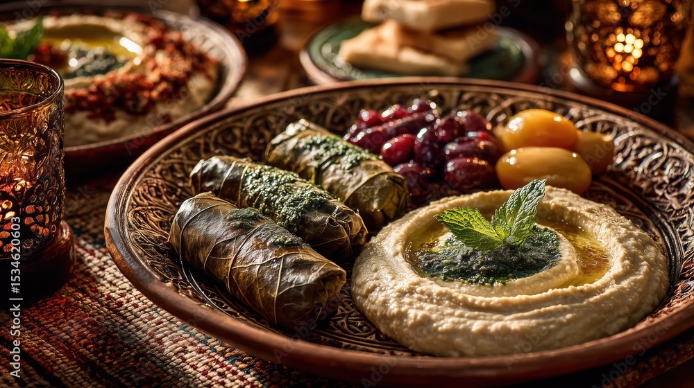 Fototapeta premium Elegant mezze platter with hummus, grape leaf dolmas, olives, and mint garnish served in a decorative Middle Eastern dish under warm lighting.