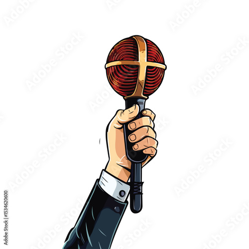 Professional Image of Stand-up Comedy Show Featuring Hand with Microphone, Stool, and Bow