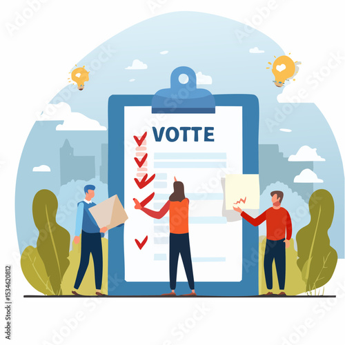 Voting, poll or employee feedback questionnaire, politic choice, opinion or democracy, election or customer survey, referendum concept, diverse people hold voting paper checkmark putting in vote bo