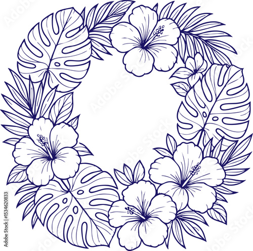 Tropical hibiscus wreath in line art style