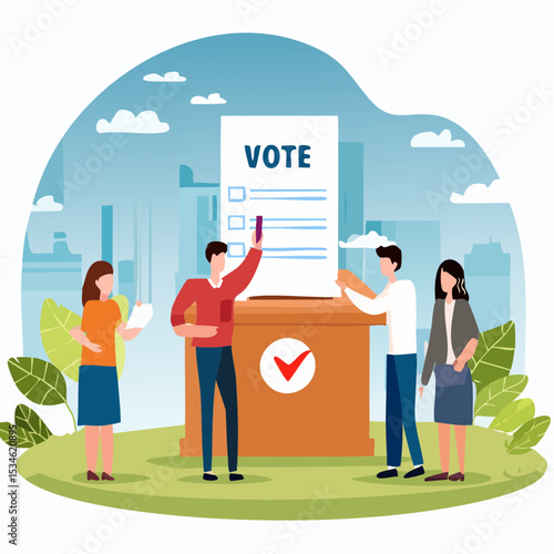 Voting, poll or employee feedback questionnaire, politic choice, opinion or democracy, election or customer survey, referendum concept, diverse people hold voting paper checkmark putting in vote bo