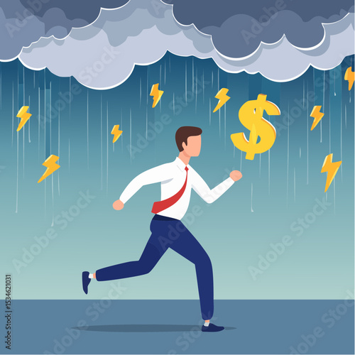 Runaway from crisis, catastrophe misfortune situation, escape from disaster, bankruptcy or danger failure, overworked, anxiety or work stress concept, businessman run away from thunder storm rainin
