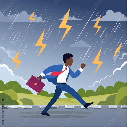 Runaway from crisis, catastrophe misfortune situation, escape from disaster, bankruptcy or danger failure, overworked, anxiety or work stress concept, businessman run away from thunder storm rainin
